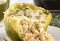 Golden Cheesy White Chicken Chili Stuffed Peppers