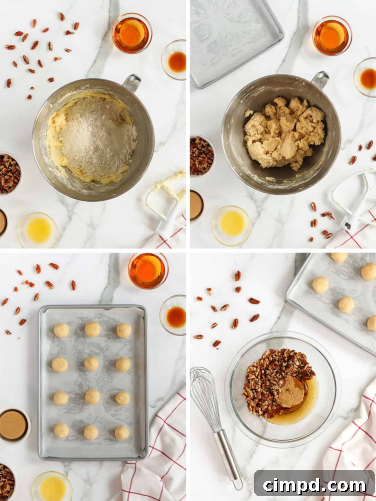 A step-by-step visual guide showing the process of preparing pecan pie thumbprint cookie dough, forming balls, and mixing the filling.