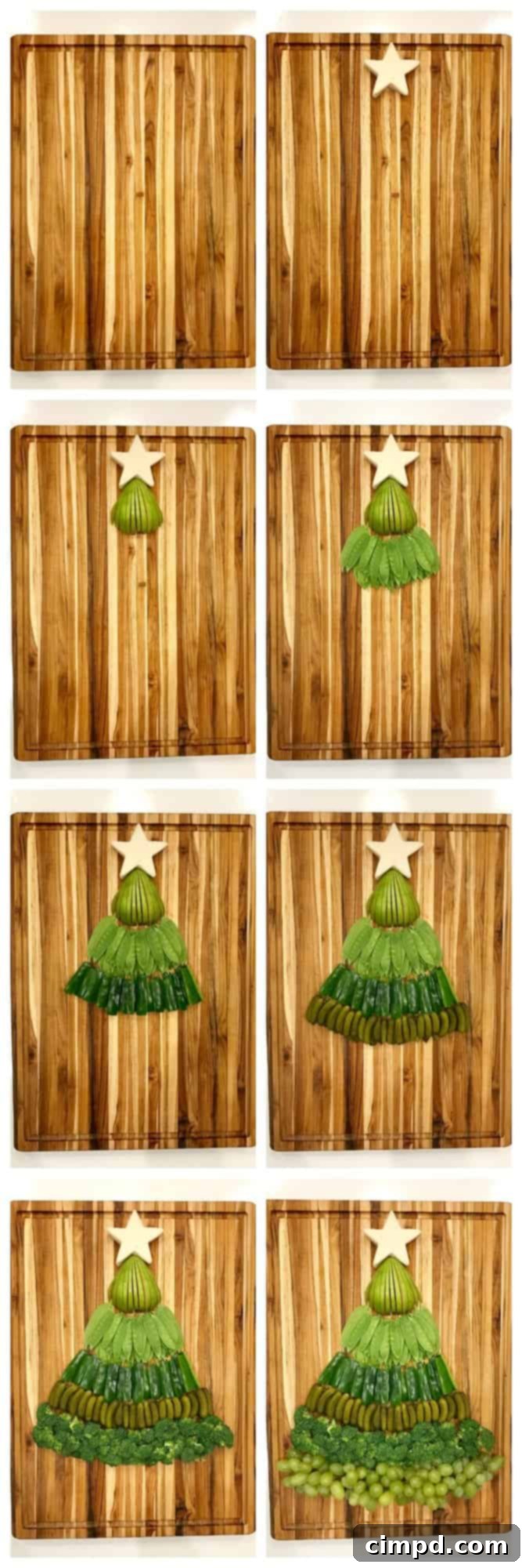 Holiday Tree of Treats 3 A visual guide showing the initial arrangement of green fruits and vegetables to form the base layers of the Christmas tree on the snack board.