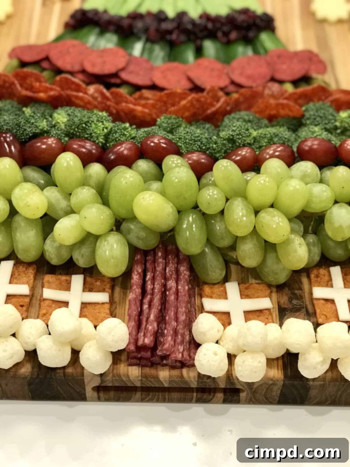 Holiday Tree of Treats 5 A close-up view of the base of the Christmas Tree Snack Board, featuring edible presents made from crackers with cheese ribbons, surrounded by fluffy white cheddar 'snowballs'.