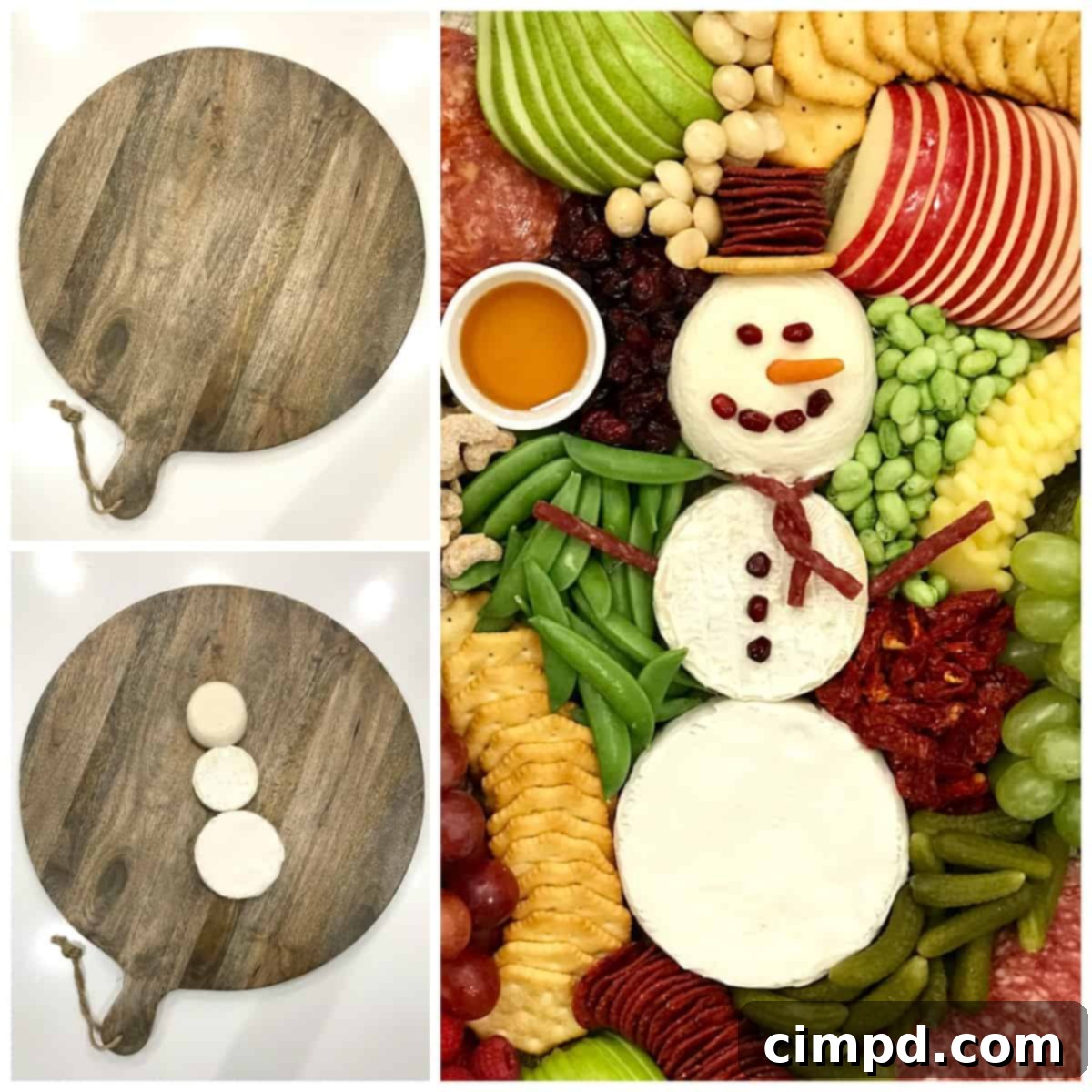 The cheese snowman during its construction phase, with the three cheese rounds stacked and ready for decoration.