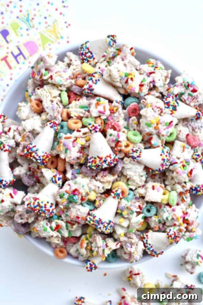 A festive Birthday Snack Mix featuring Birthday Hat Bugles and other colorful components