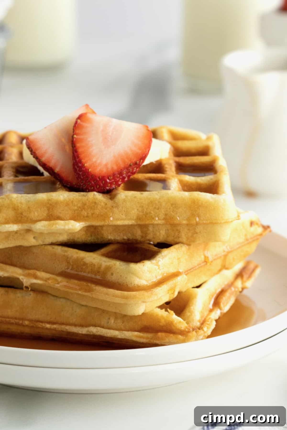 Three crispy waffles stacked on a white rimmed plate. The waffles are topped with a pat of butter, two strawberry slices and a pool of maple syrup.