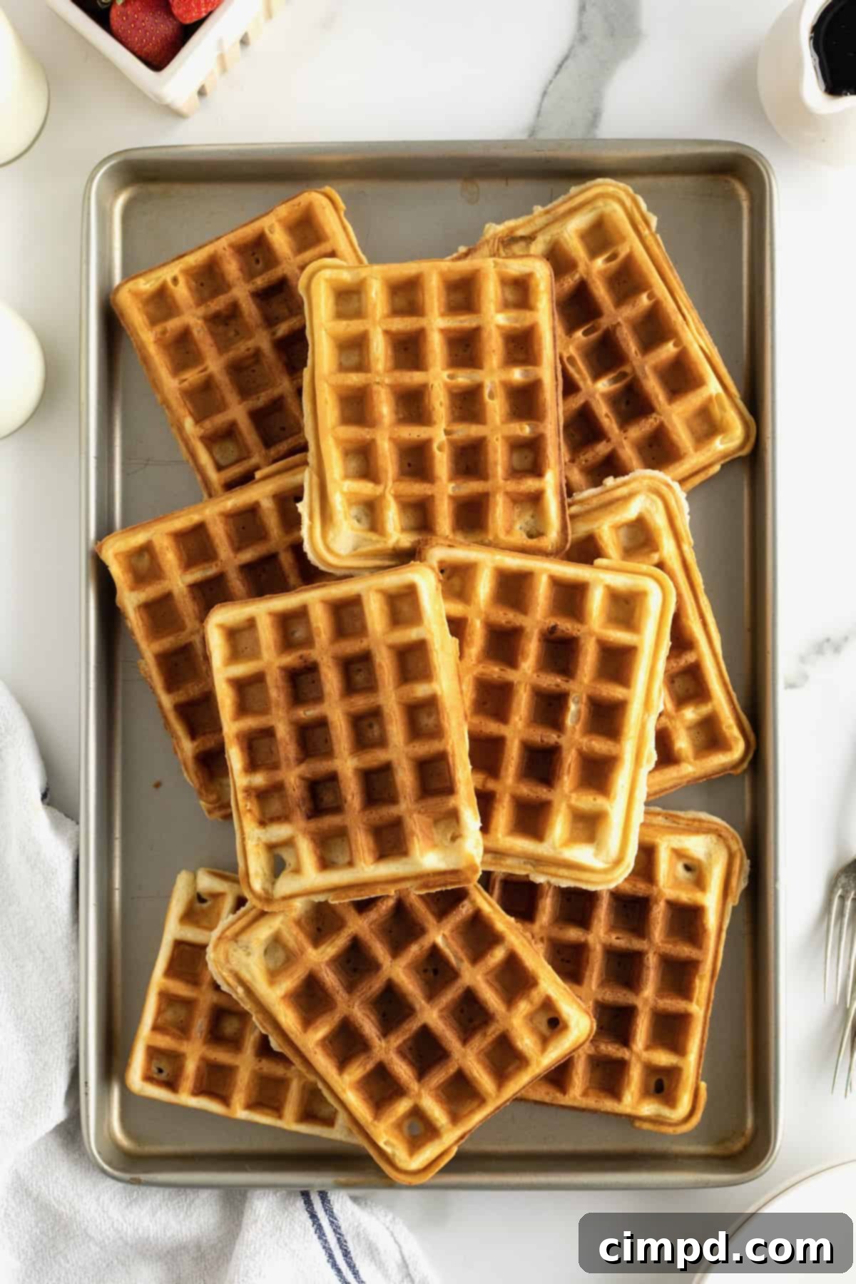 An aluminum sheet pan filled with crispy waffles.