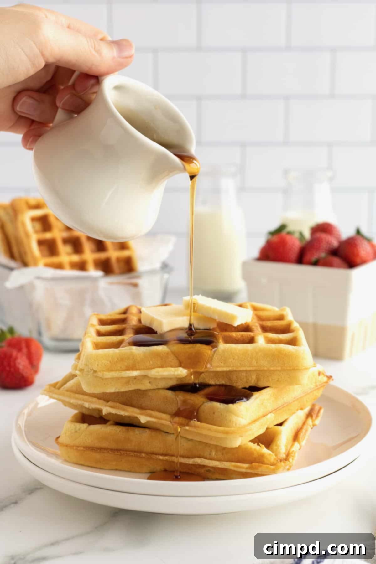 Three crispy waffles stacked on a rimmed white plate. There are two pats of butter on top and maple syrup is being poured from a small white carafe.