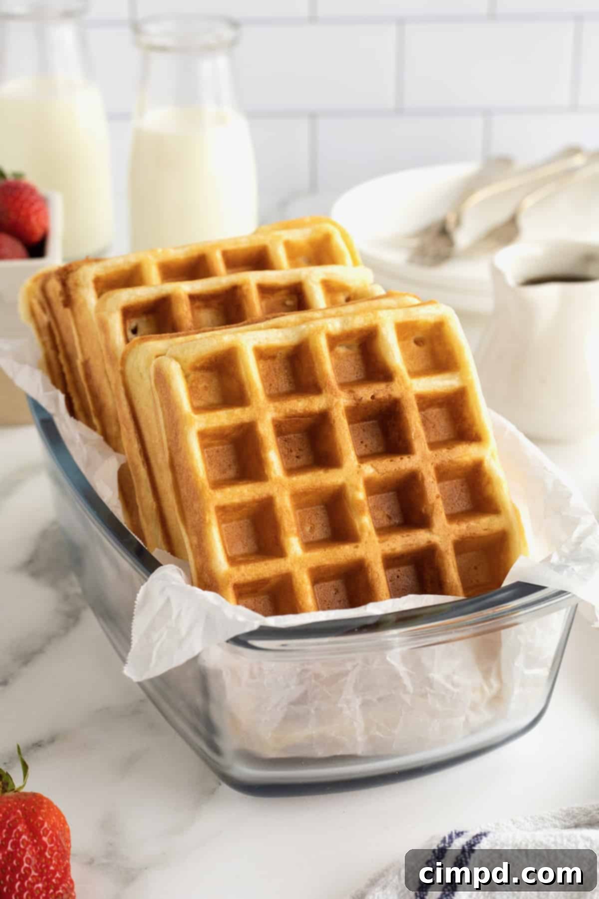 Five waffles in a glass loaf pan lined with parchment paper.