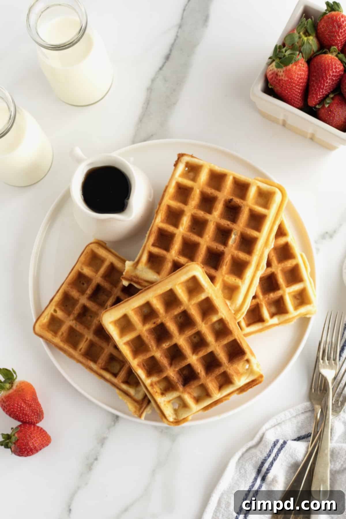 4 waffles on a large white rimmed plate. A small carafe of syrup also sits on the upper left of the plate.