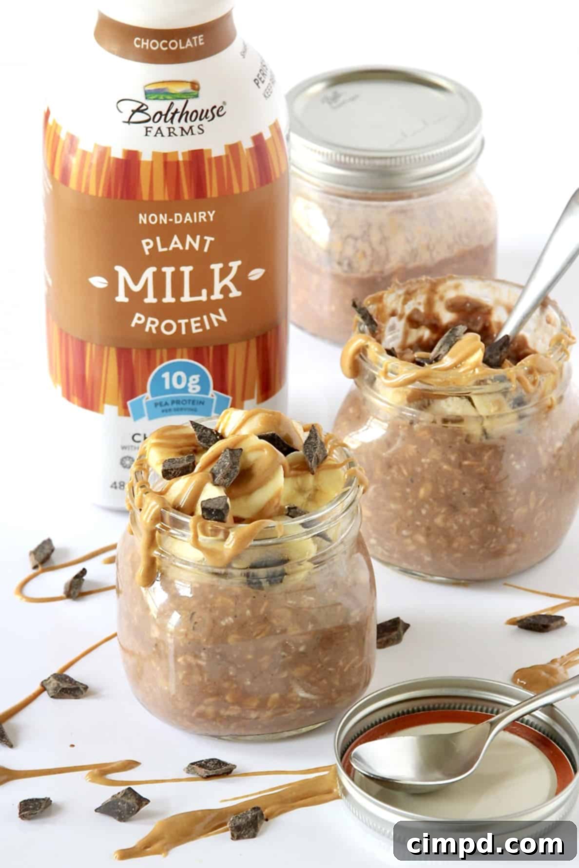 Power-Packed Chocolate Peanut Butter Banana Overnight Oats 4 Ingredients being measured for Chocolate Peanut Butter Banana Protein Overnight Oats