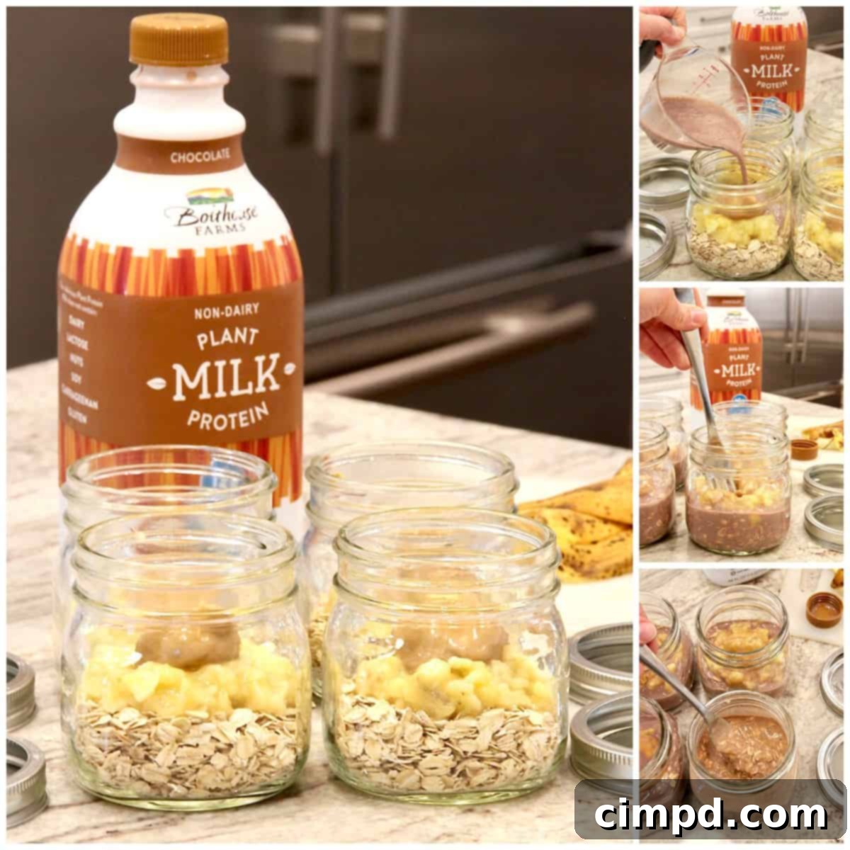 Power-Packed Chocolate Peanut Butter Banana Overnight Oats 6 Collage showing various stages of Chocolate Peanut Butter Banana Protein Overnight Oats preparation