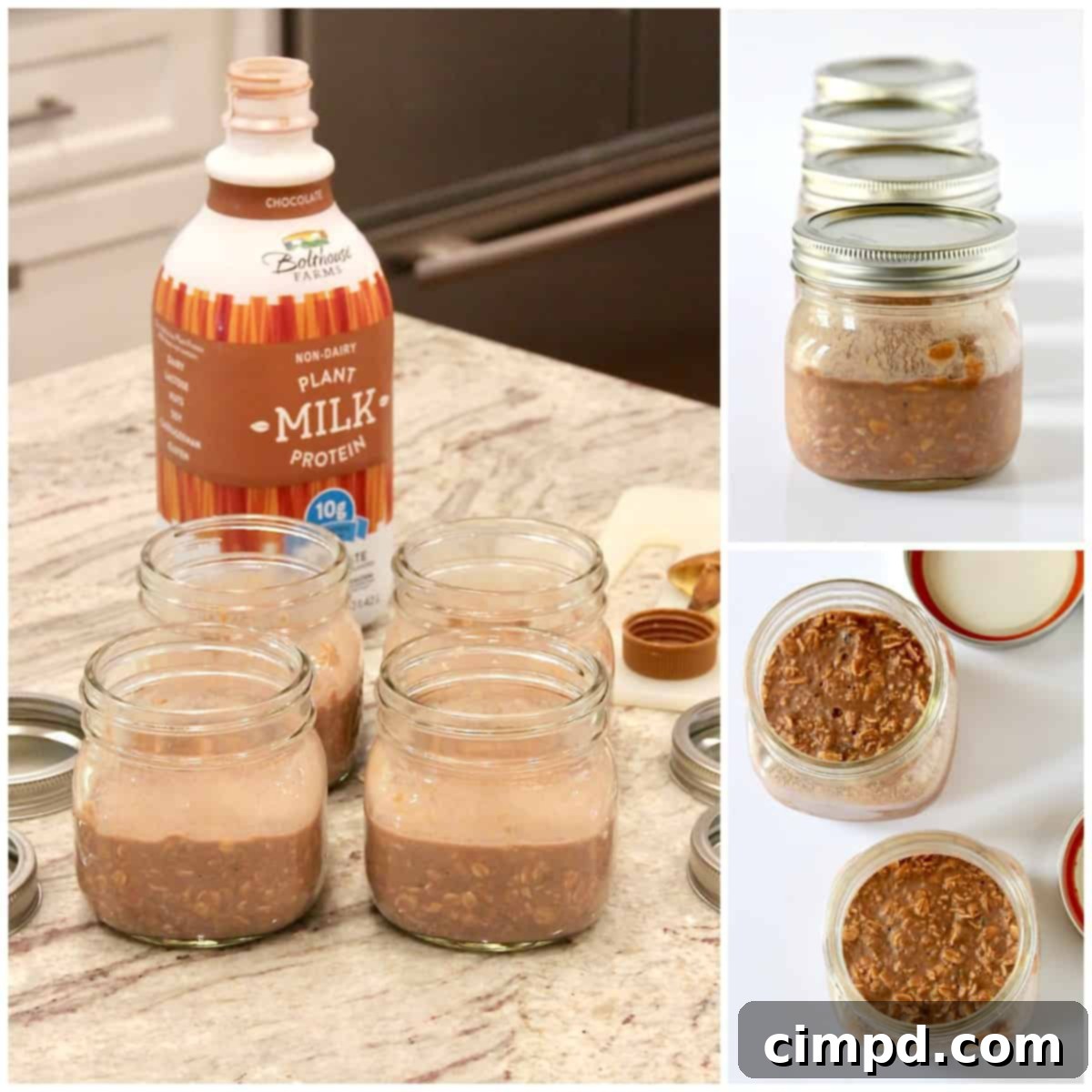 Power-Packed Chocolate Peanut Butter Banana Overnight Oats 7 Another collage illustrating the creamy texture of Chocolate Peanut Butter Banana Protein Overnight Oats