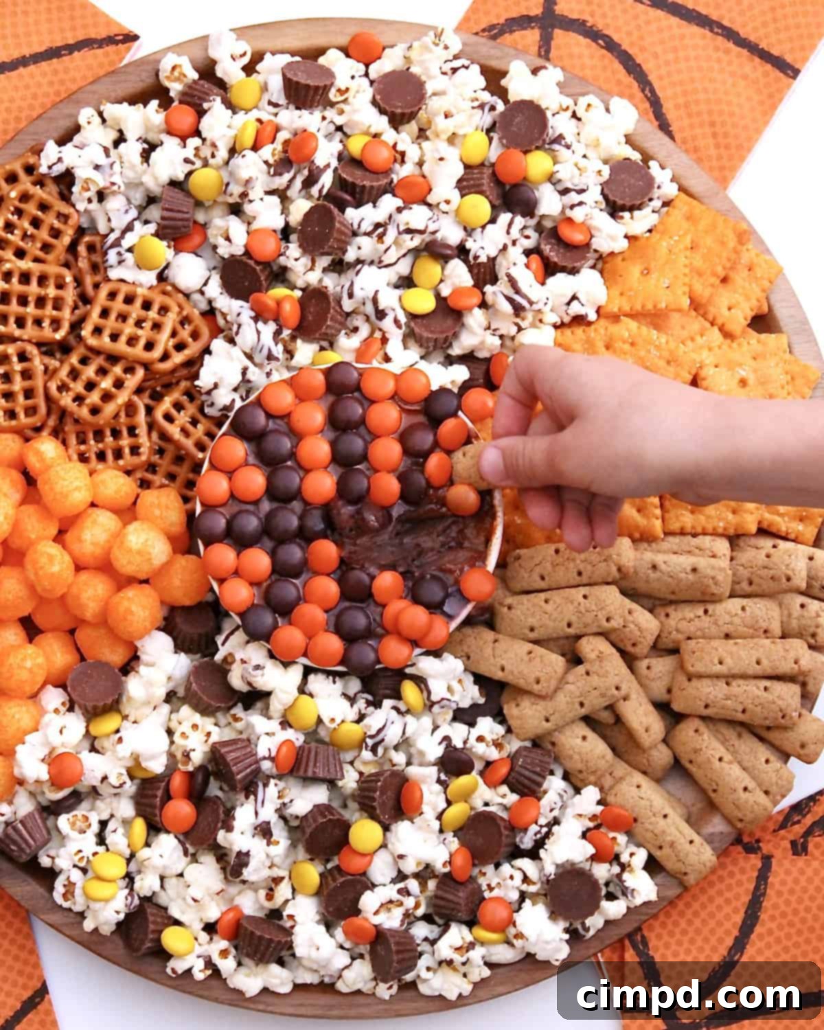 Close-up of the Slam Dunk Snack Board featuring Reese's treats