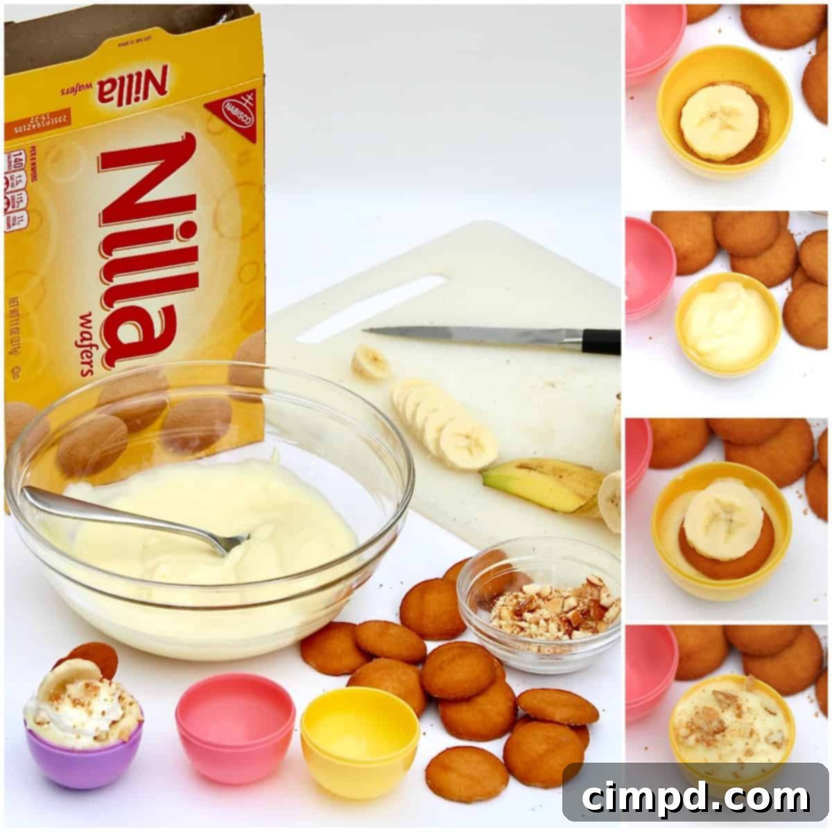 A collage showing the steps of making Easter Egg Banana Pudding Cups, from ingredients to finished product.