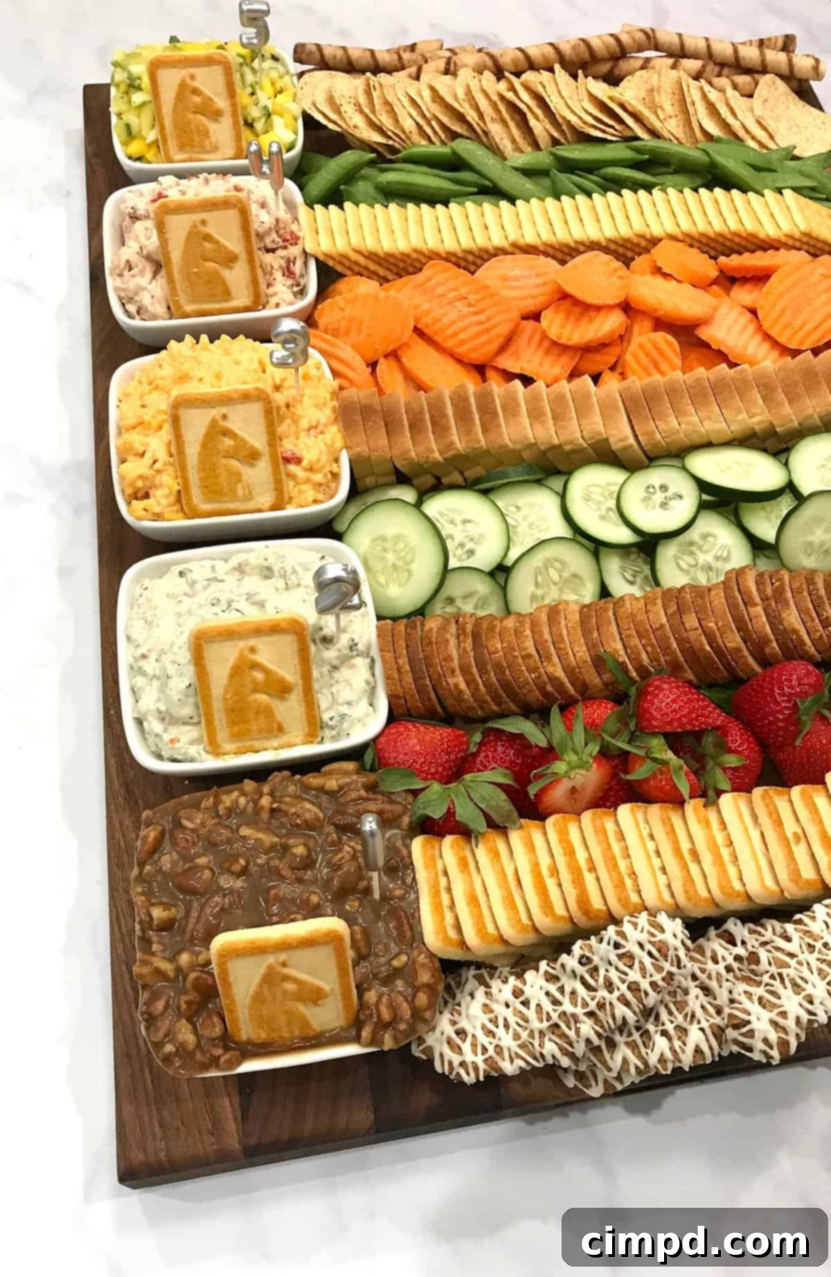 Close-up of Kentucky Derby Dip Board with Pimento Cheese and Hot Brown Dip