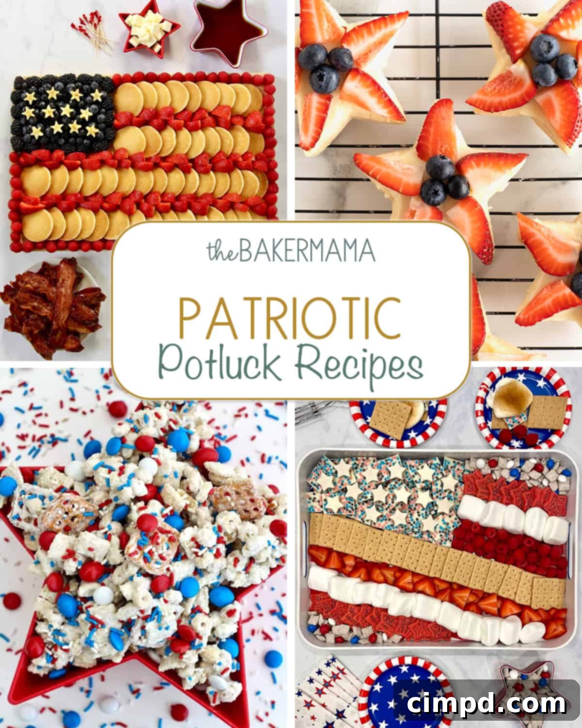 A vibrant display of red, white, and blue patriotic potluck recipes including a flag cheese tray, fruit skewers, and desserts, perfect for summer holidays.