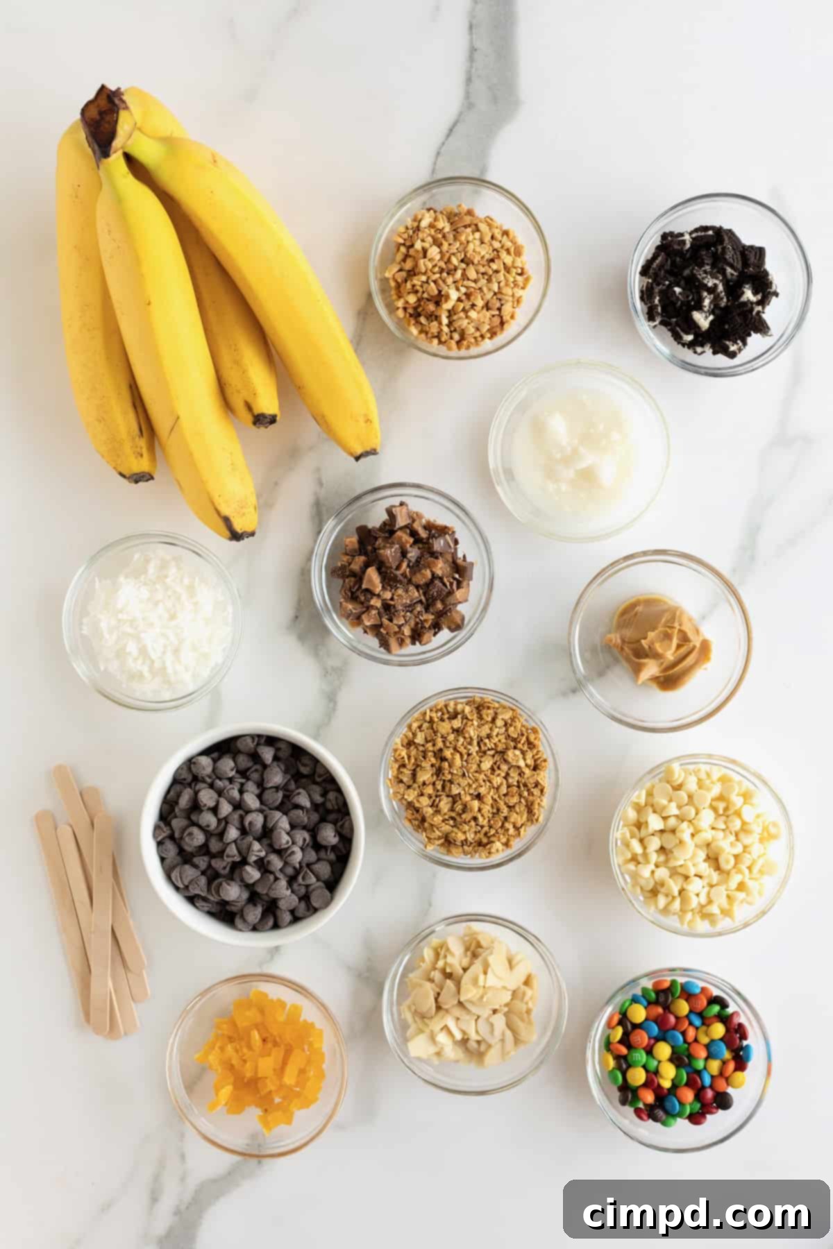 Bananas, chocolate chips, crushed Oreos, peanuts and M&Ms.