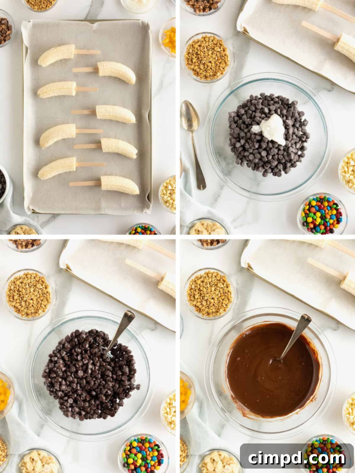 Steps to making chocolate covered frozen bananas.