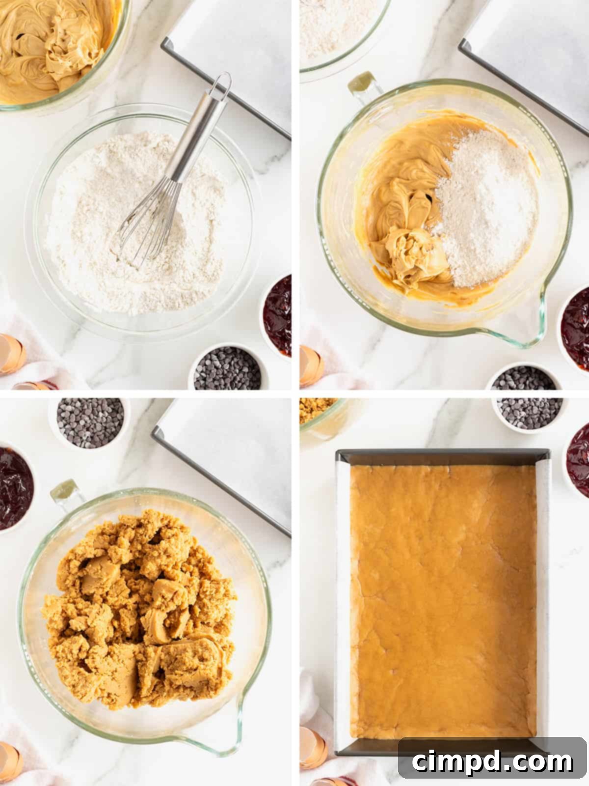 Steps to make peanut butter and jelly bars with a chocolate chip streusel.