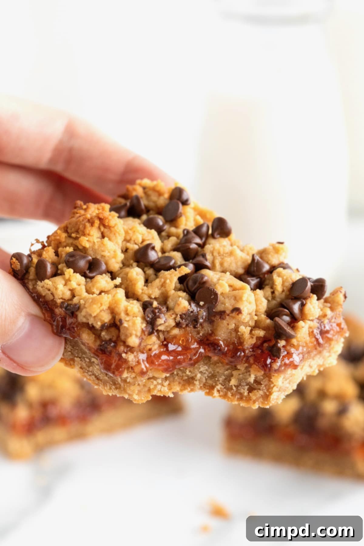 A hand holding a peanut butter and jelly bar. There is a bite out of the bar.
