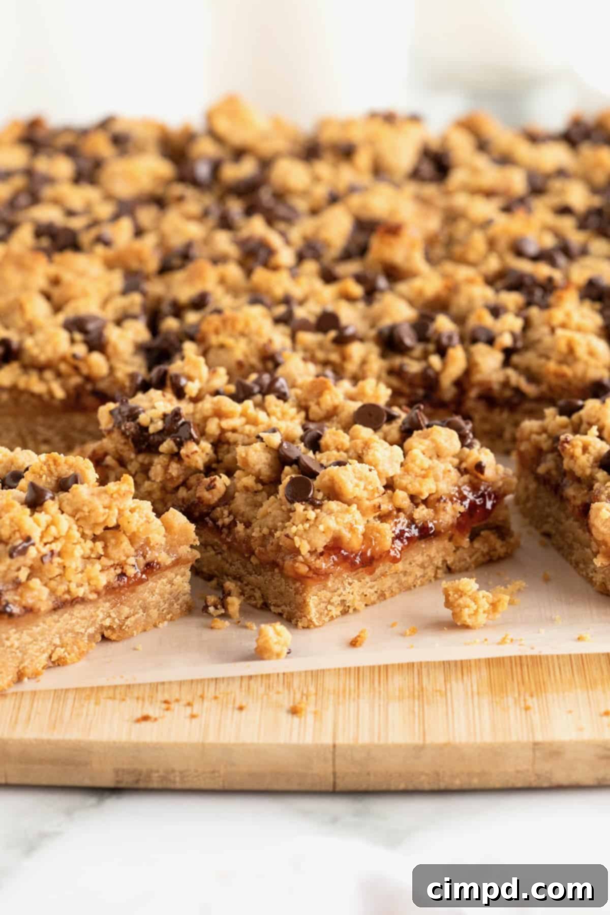 Peanut butter and jelly bars topped with a mini chocolate chip streusel on a parchment lined wooden cutting board.