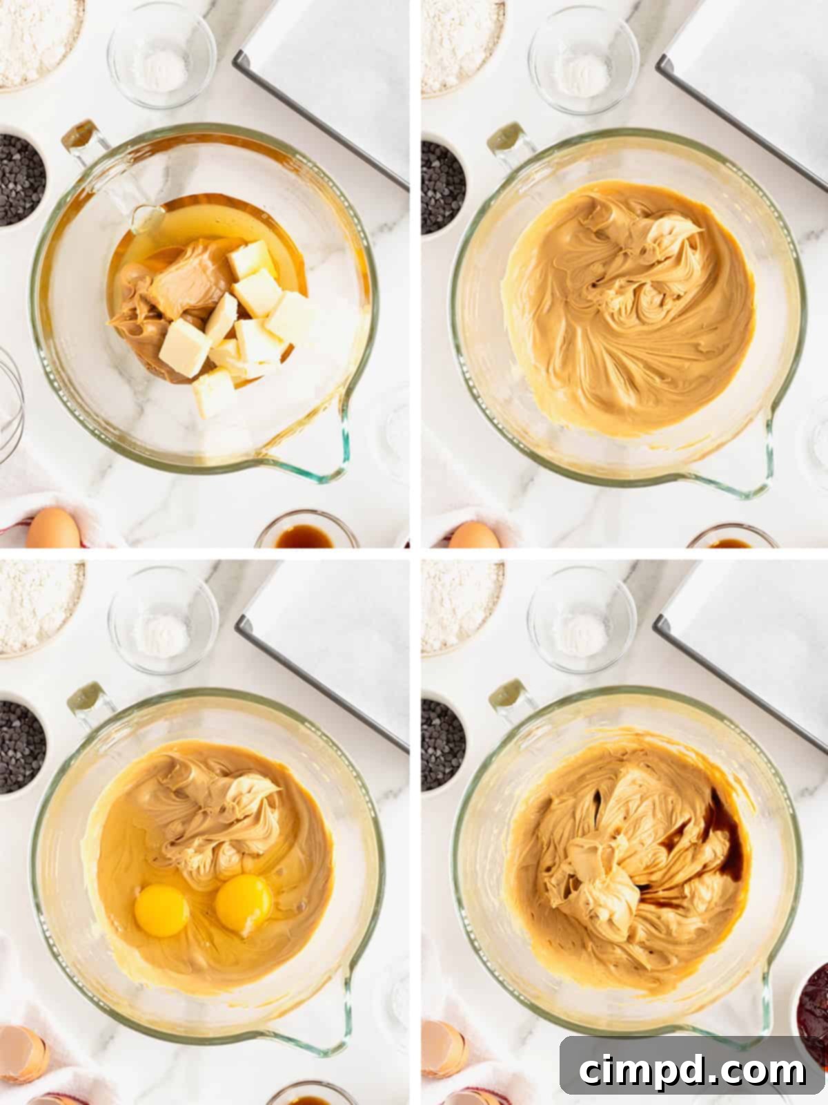 Steps to make peanut butter and jelly bars with a mini chocolate chip streusel.