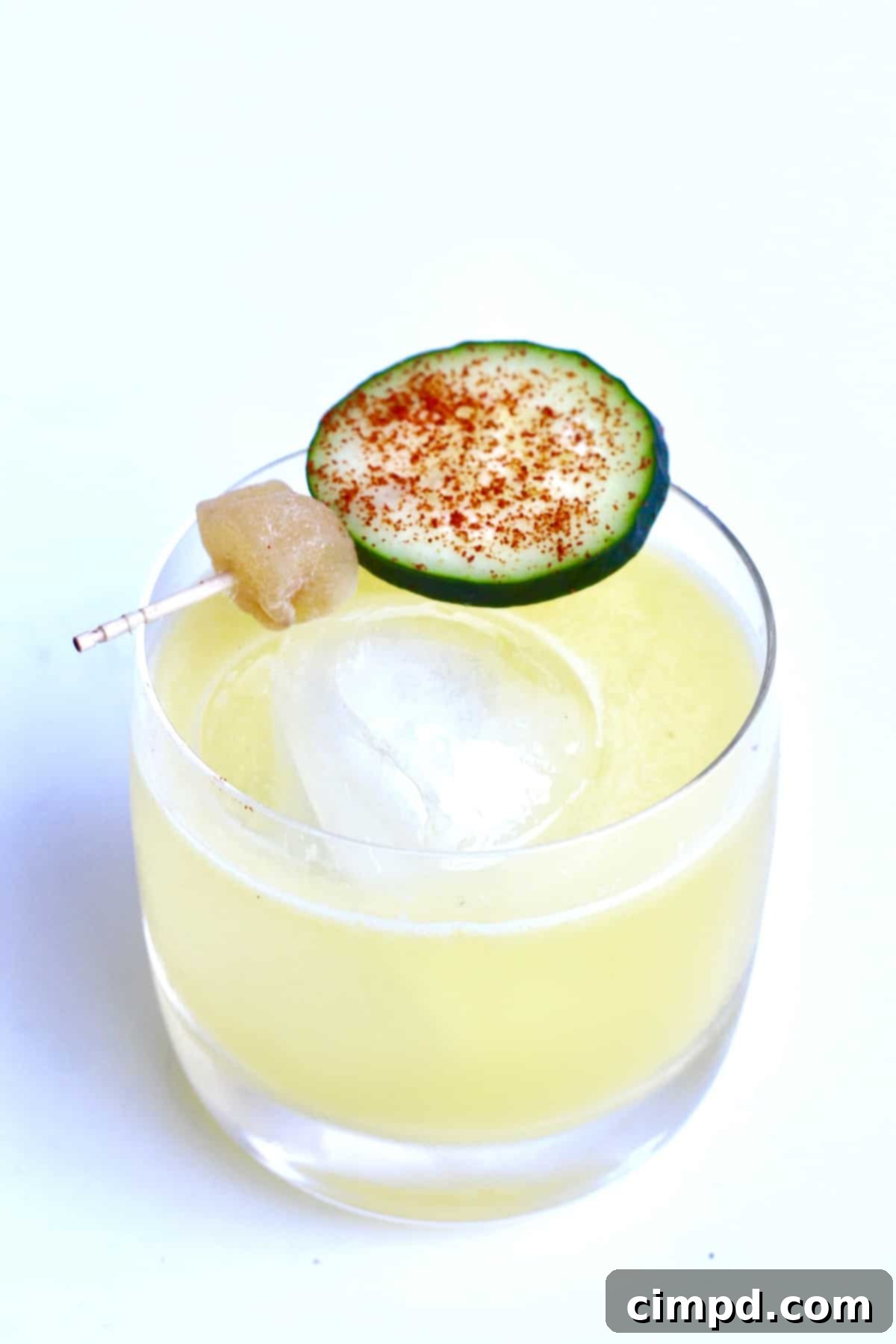 The Kicking Mezcal Mule 2 Refreshing Kicking Mezcal Mule cocktail with cucumber and cayenne garnish