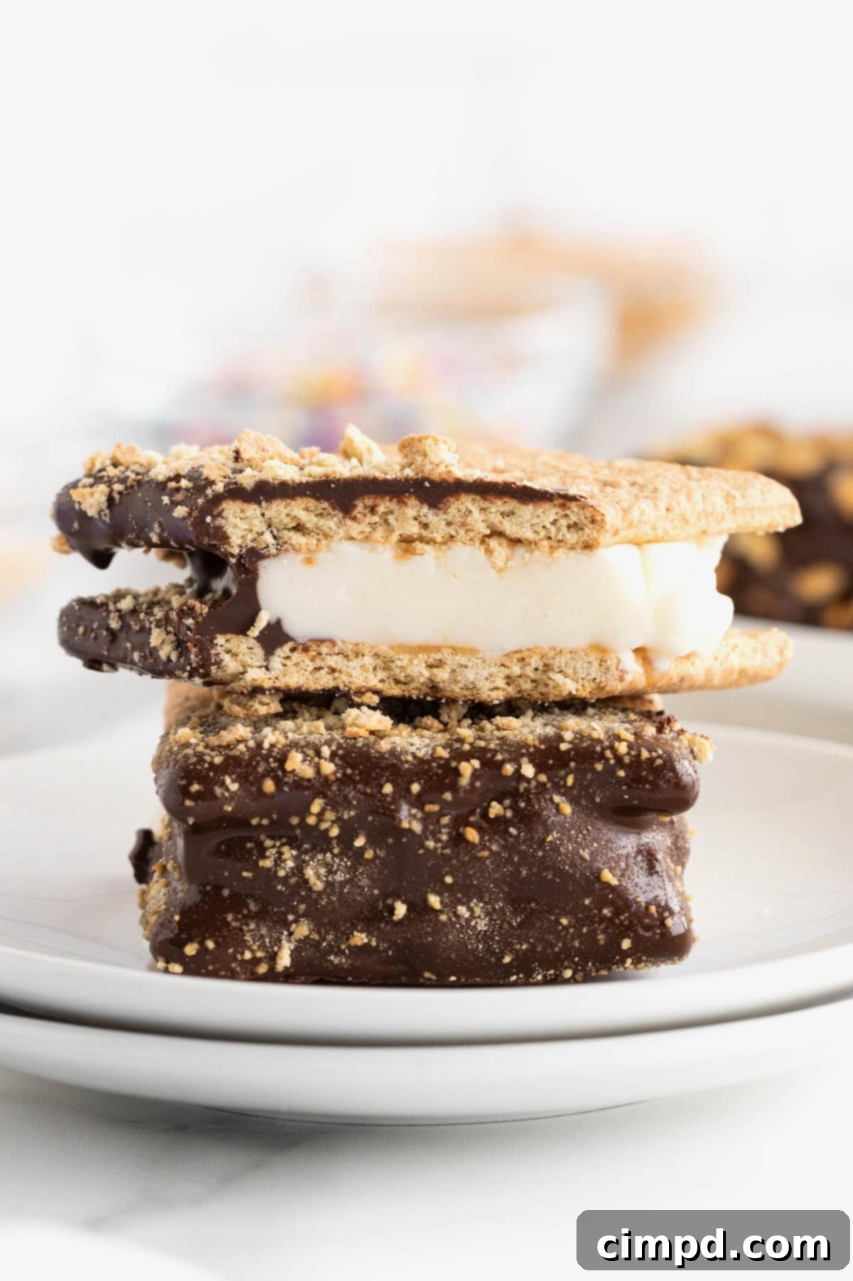 Two graham cracker ice cream sandwiches dipped in chocolate and stacked on a white plate.