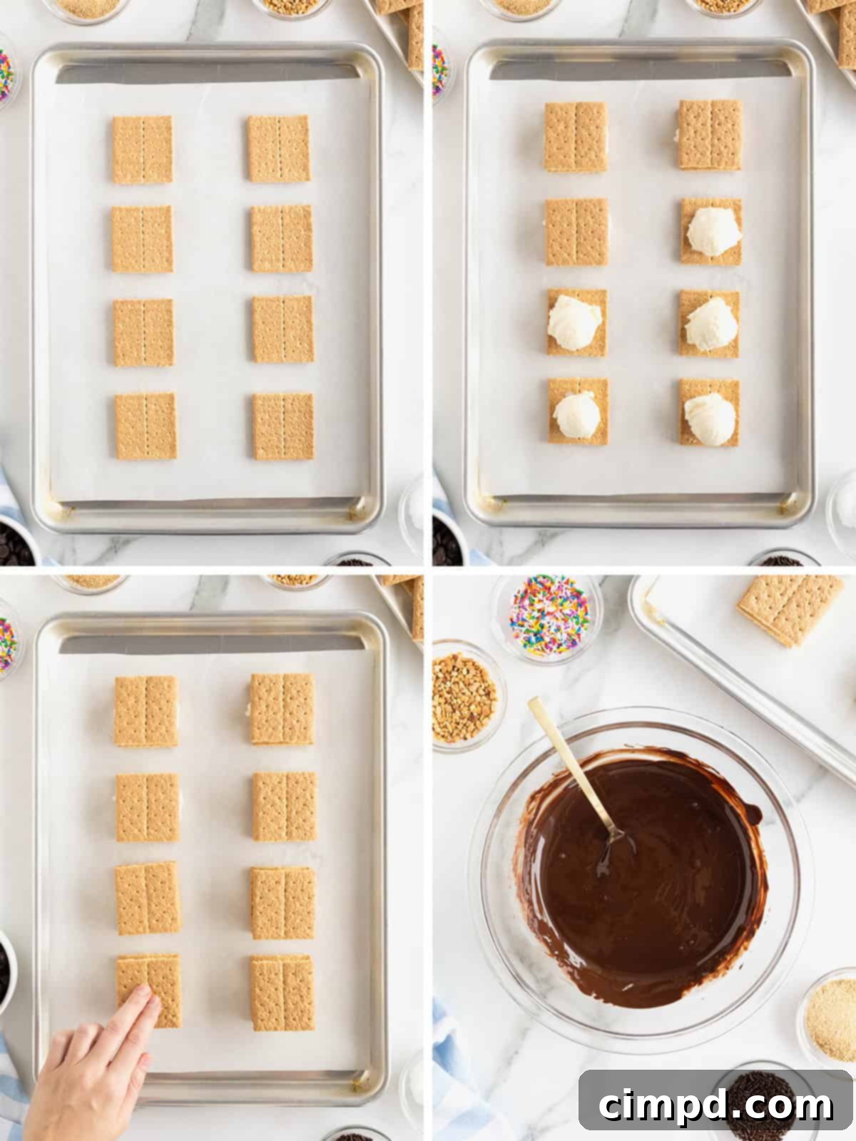 Steps to make graham cracker ice cream sandwiches dipped in chocolate.
