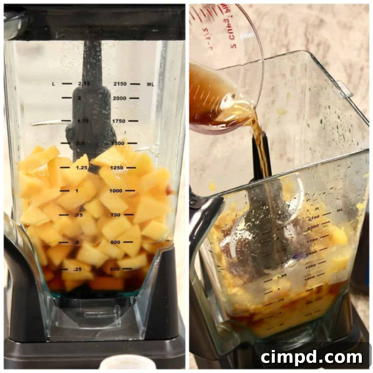 Frozen Peach Tea Bliss 5 Ingredients for Peach Tea Slushies laid out: frozen peaches and Red Diamond sweet tea.