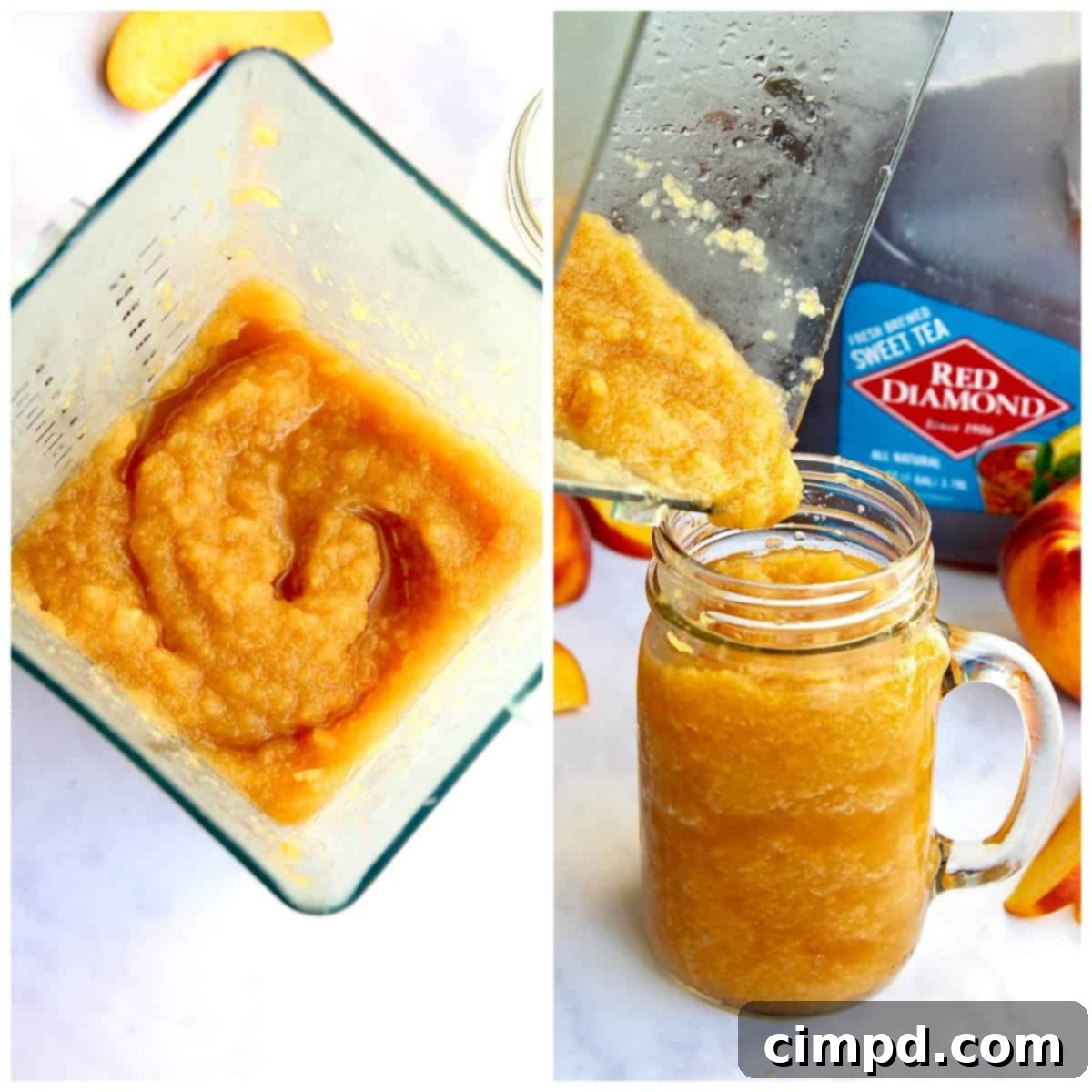 Frozen Peach Tea Bliss 6 Peach Tea Slushie ingredients being blended in a high-speed blender.