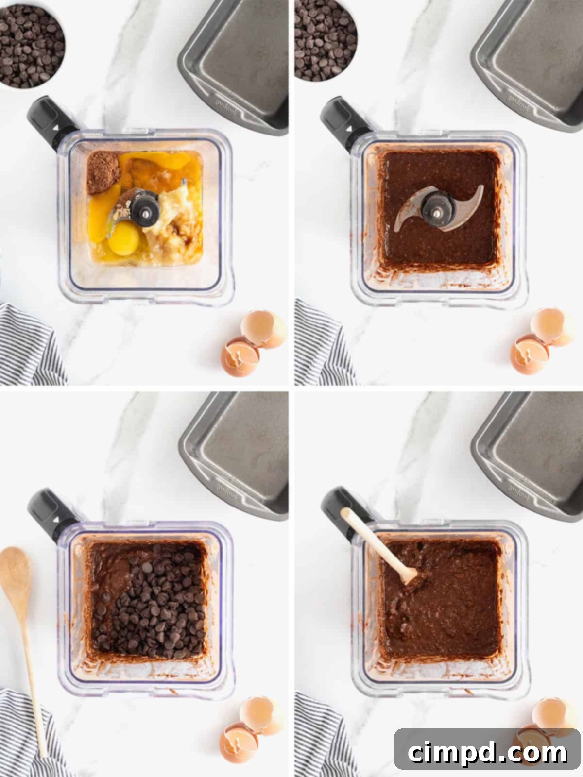 A visual guide showing the initial steps to make flourless chocolate banana bread, including blending ingredients and stirring in chocolate chips, captured in a clean and appealing composition.