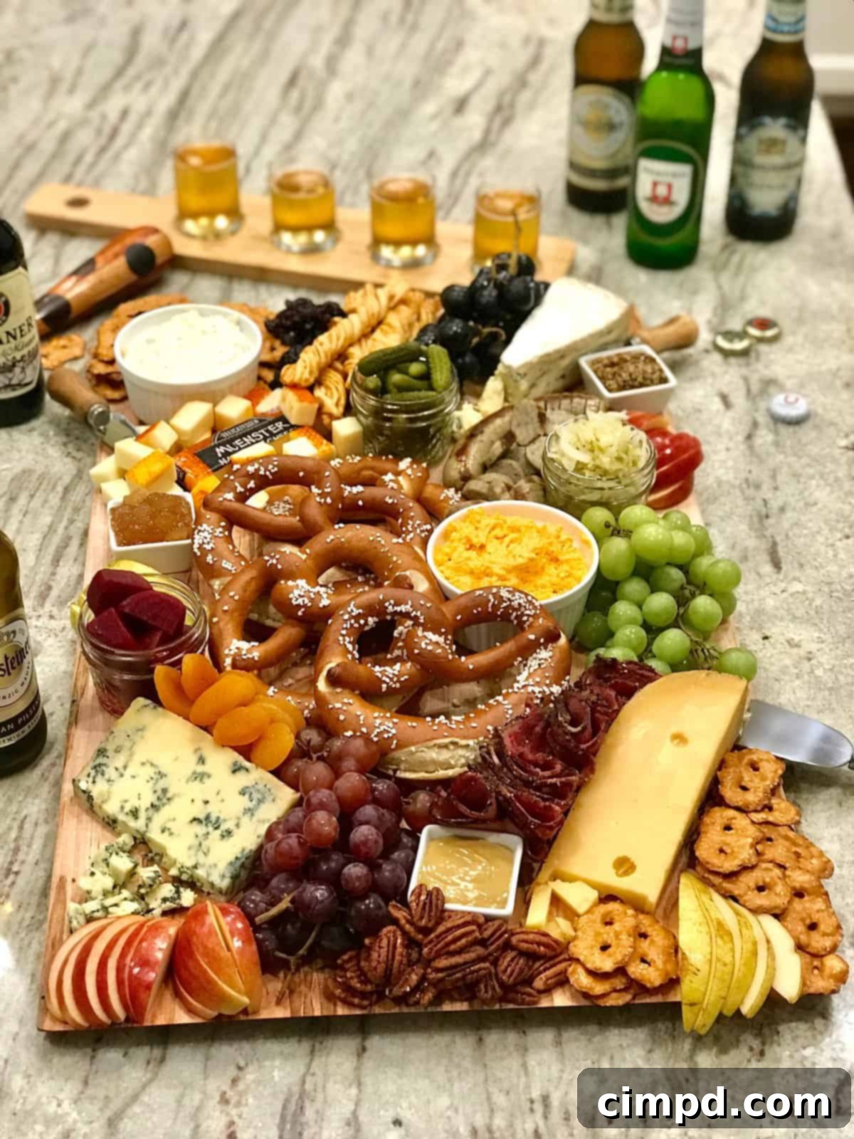 Oktoberfest Snack Board with Pretzels and Bratwurst