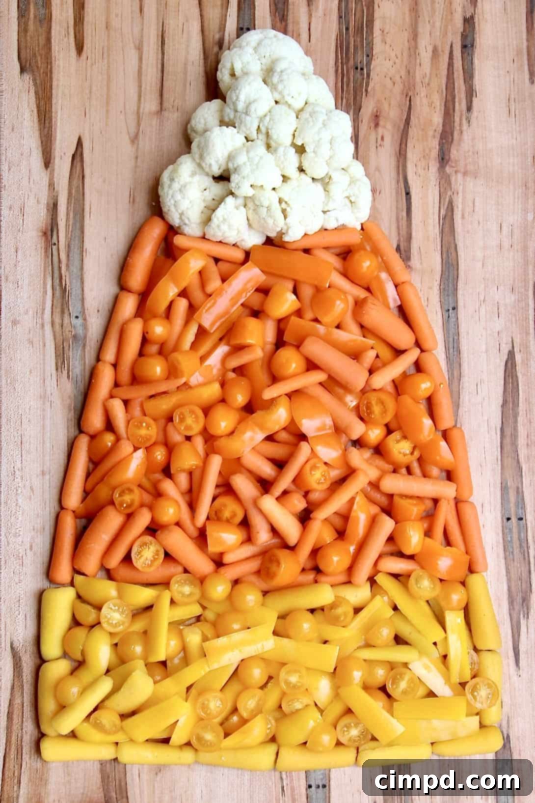 Step-by-step progress of building the Candy Corn Snack Board with colorful produce layers.