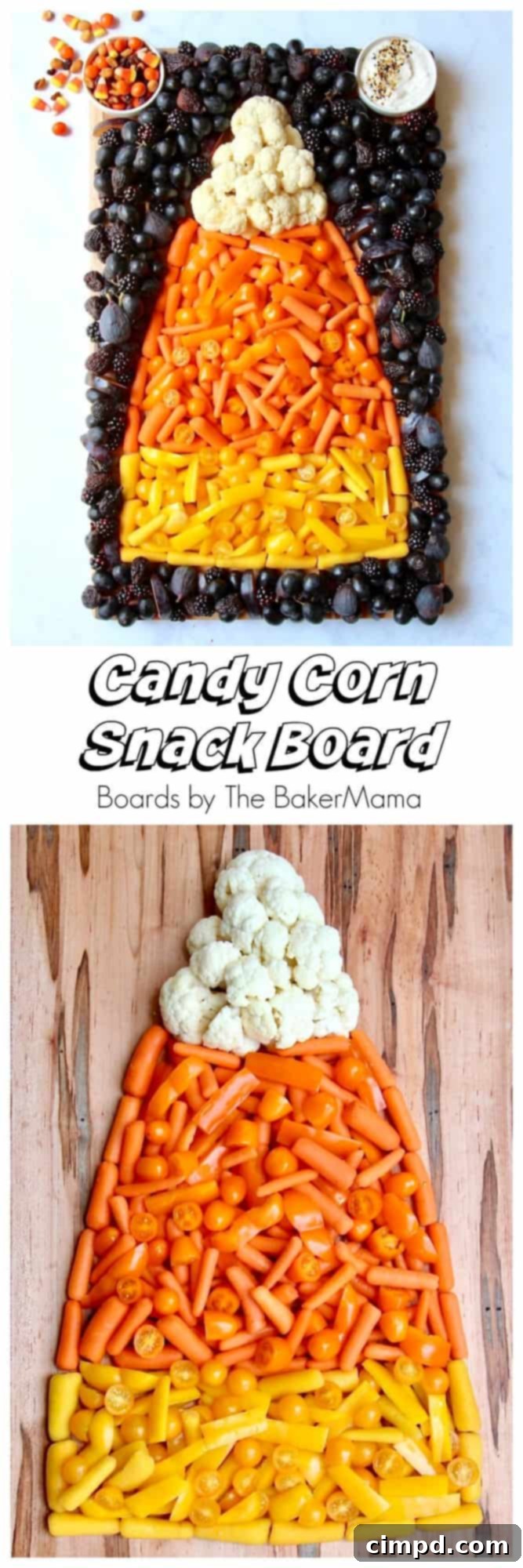 A collage of various close-up images of the Candy Corn Snack Board.