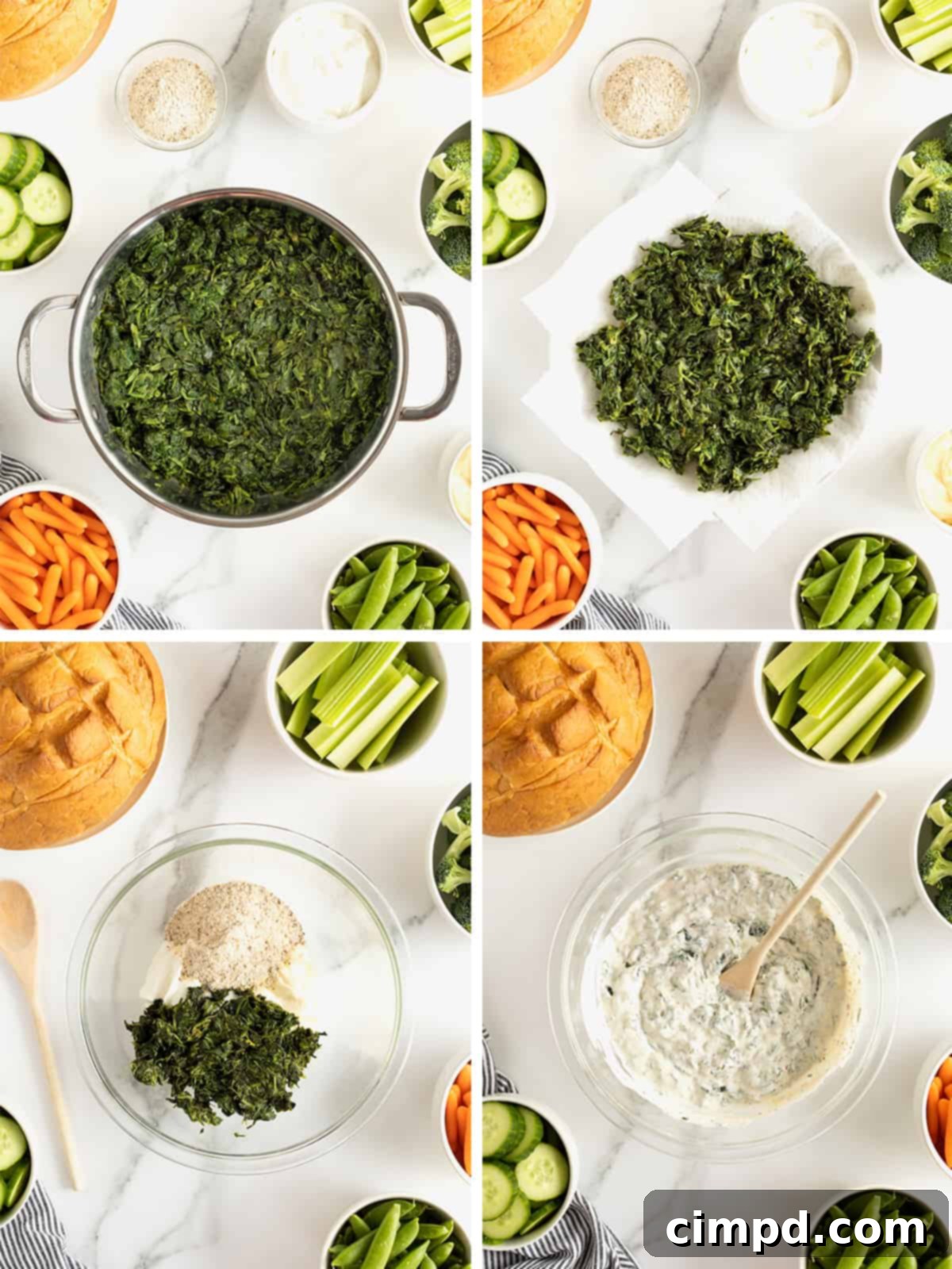 A visual step-by-step guide illustrating the process of making a cold spinach dip, from preparing ingredients to mixing them.