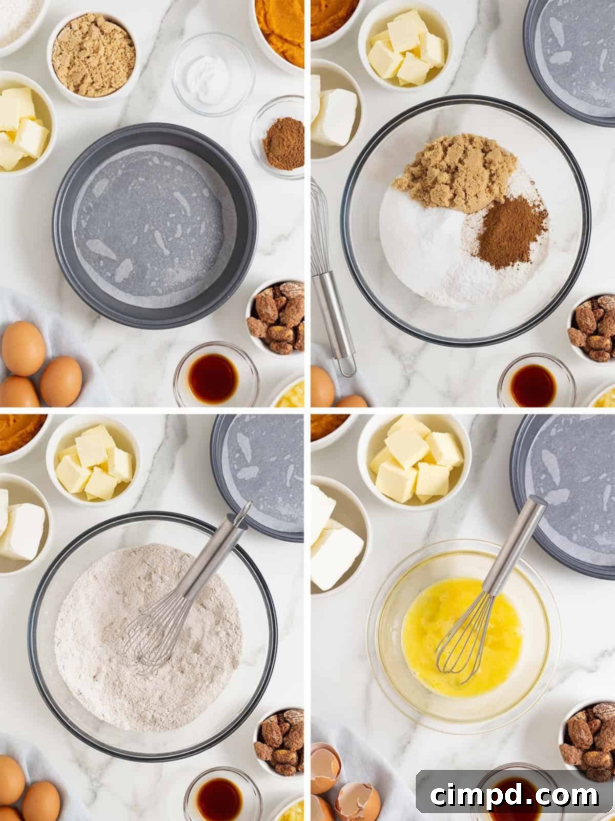A visual step-by-step guide illustrating the initial stages of preparing a Pumpkin Pineapple Cake, showing ingredients being mixed.