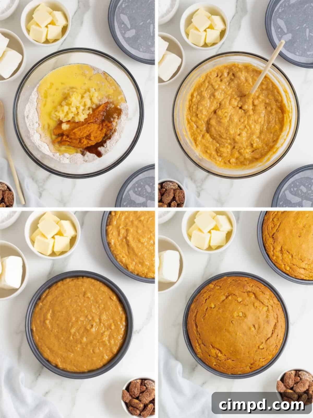 A visual representation of the next steps in creating a pumpkin pineapple layer cake, focusing on baking and cooling.