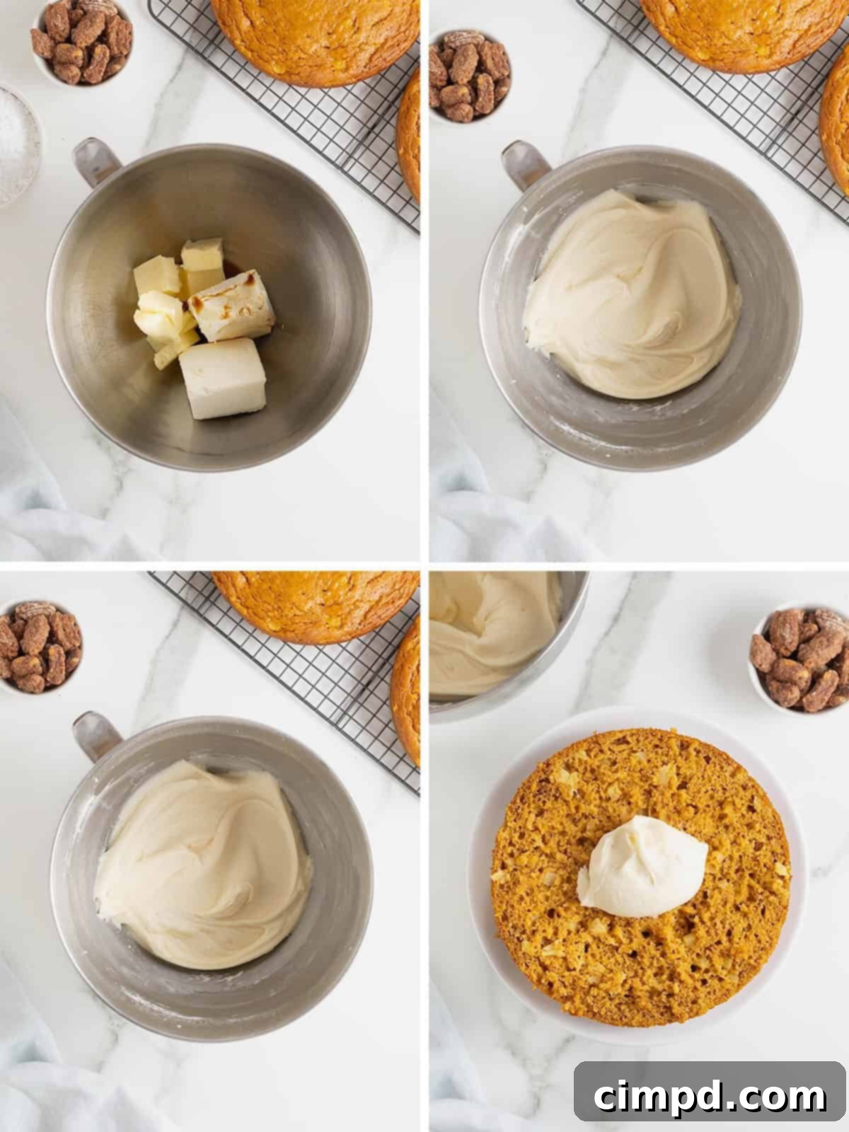 Illustrative steps for assembling a pineapple pumpkin layer cake, detailing the frosting and stacking process.