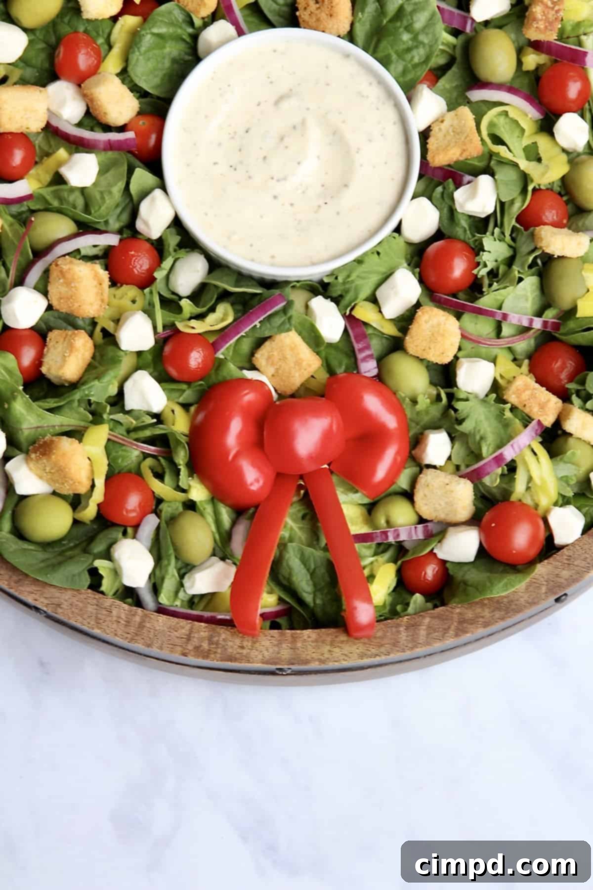 Christmas Salad Wreath with Creamy Italian Dressing and Red Pepper Bow