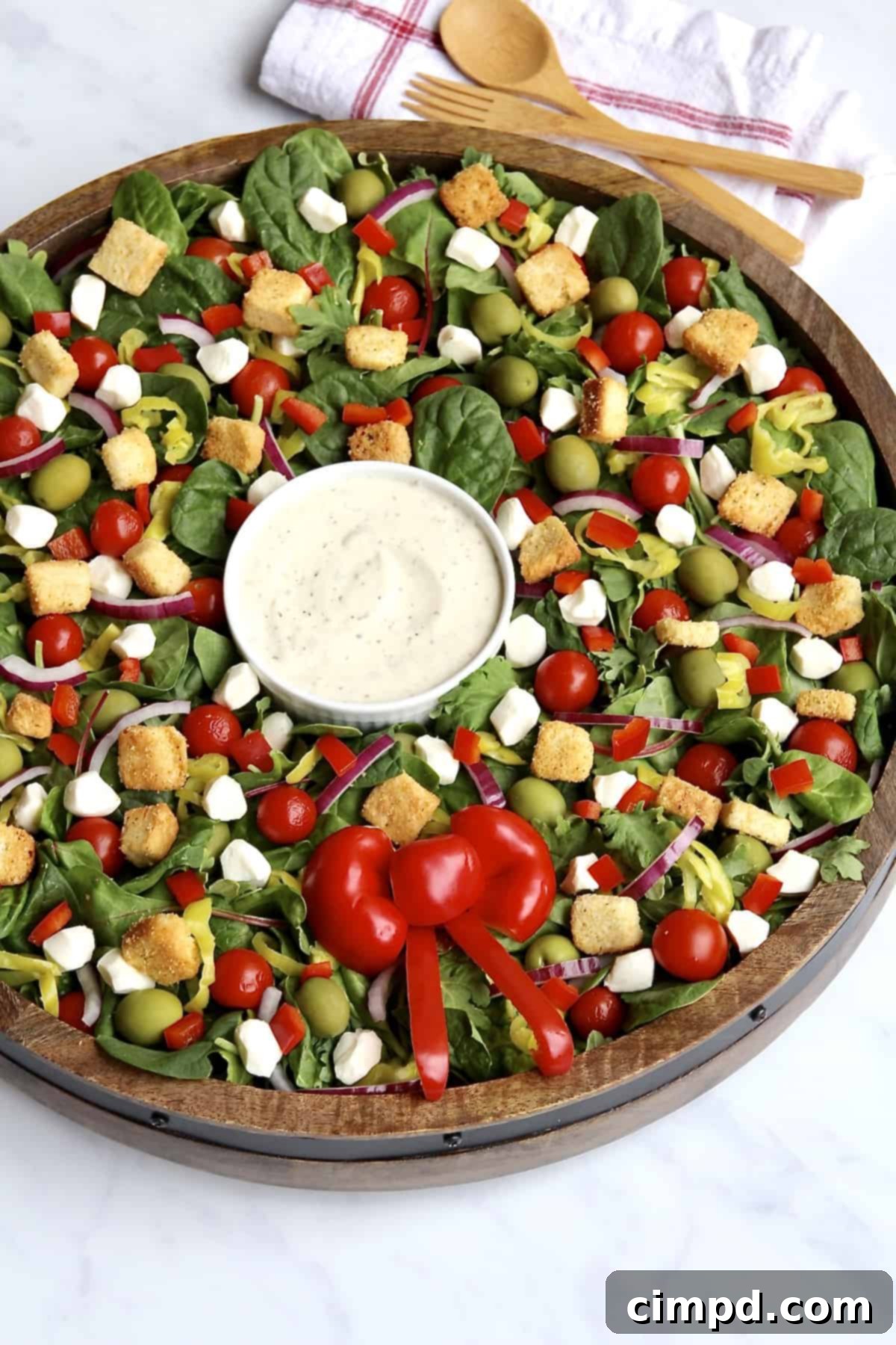 Close-up of Red Bell Pepper Bow on Salad Wreath
