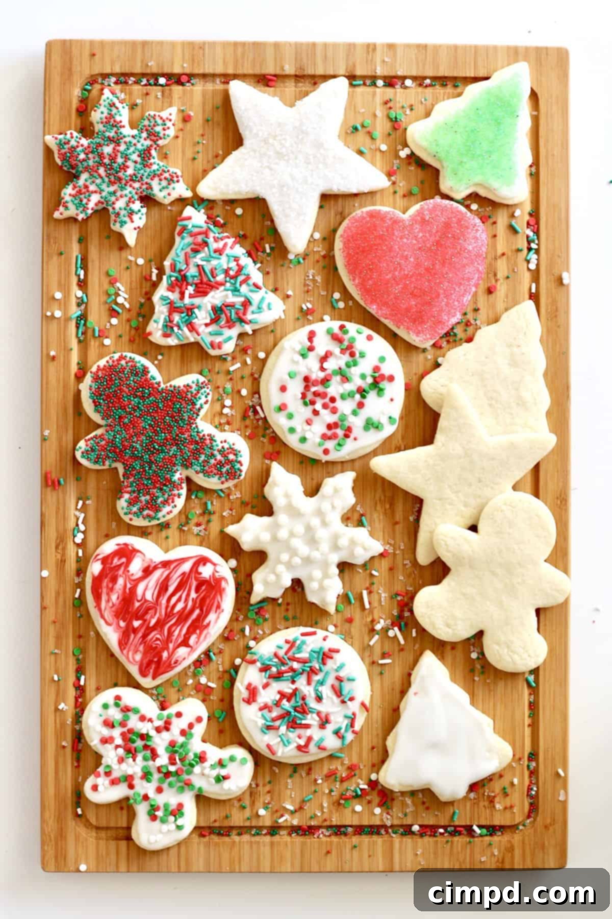 Simple, Festive Holiday Dishes 3 A selection of festive Easy No-Chill Cut-Out Sugar Cookies, beautifully decorated for the holidays.
