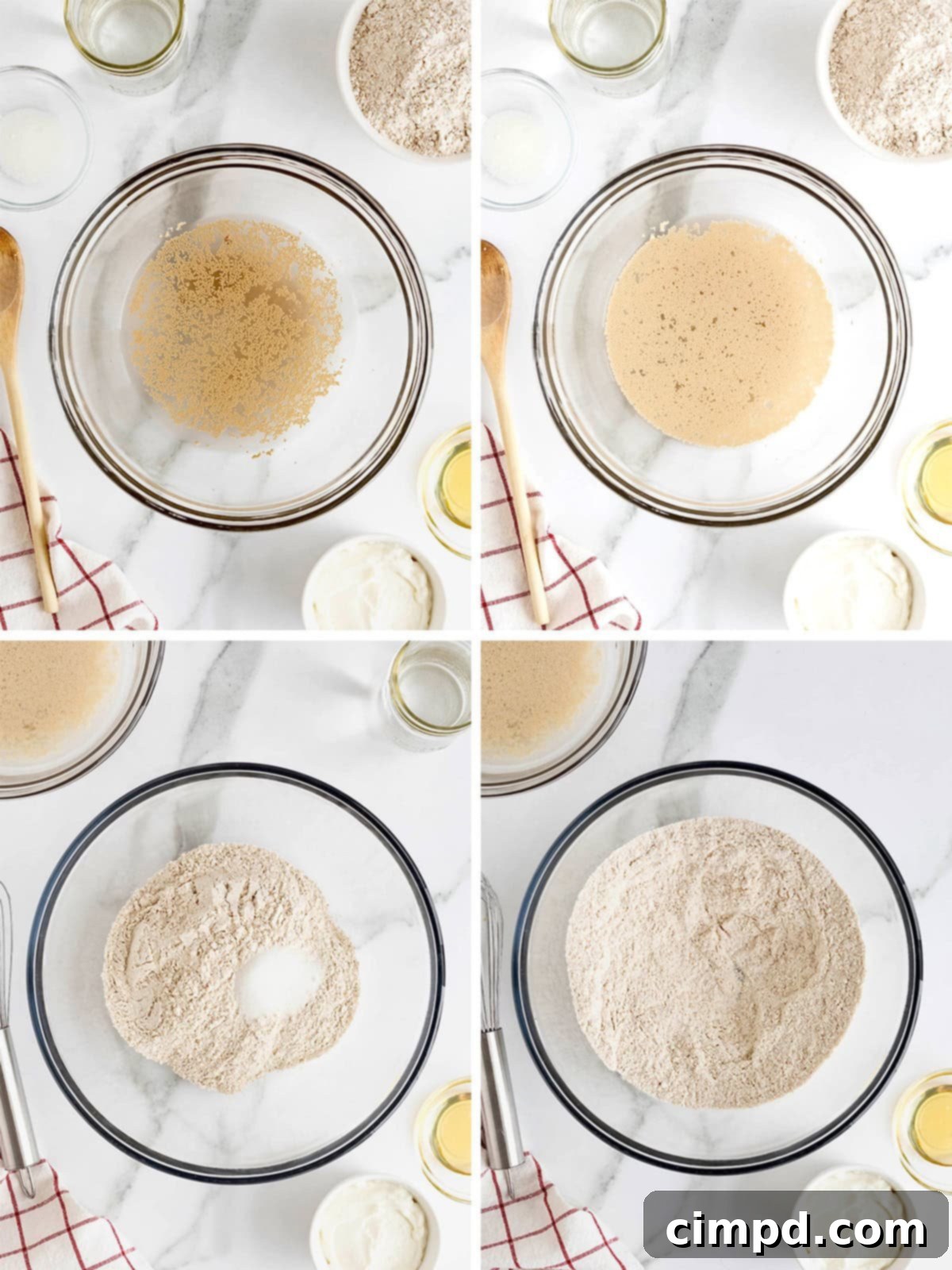 Initial steps to make whole wheat pizza crust with greek yogurt, showing yeast activation and dry ingredients mixing.
