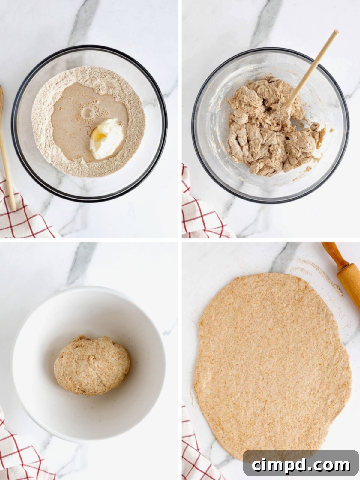 Further steps to make whole wheat greek yogurt pizza crust, showing the dough being rolled out and cut into rounds.