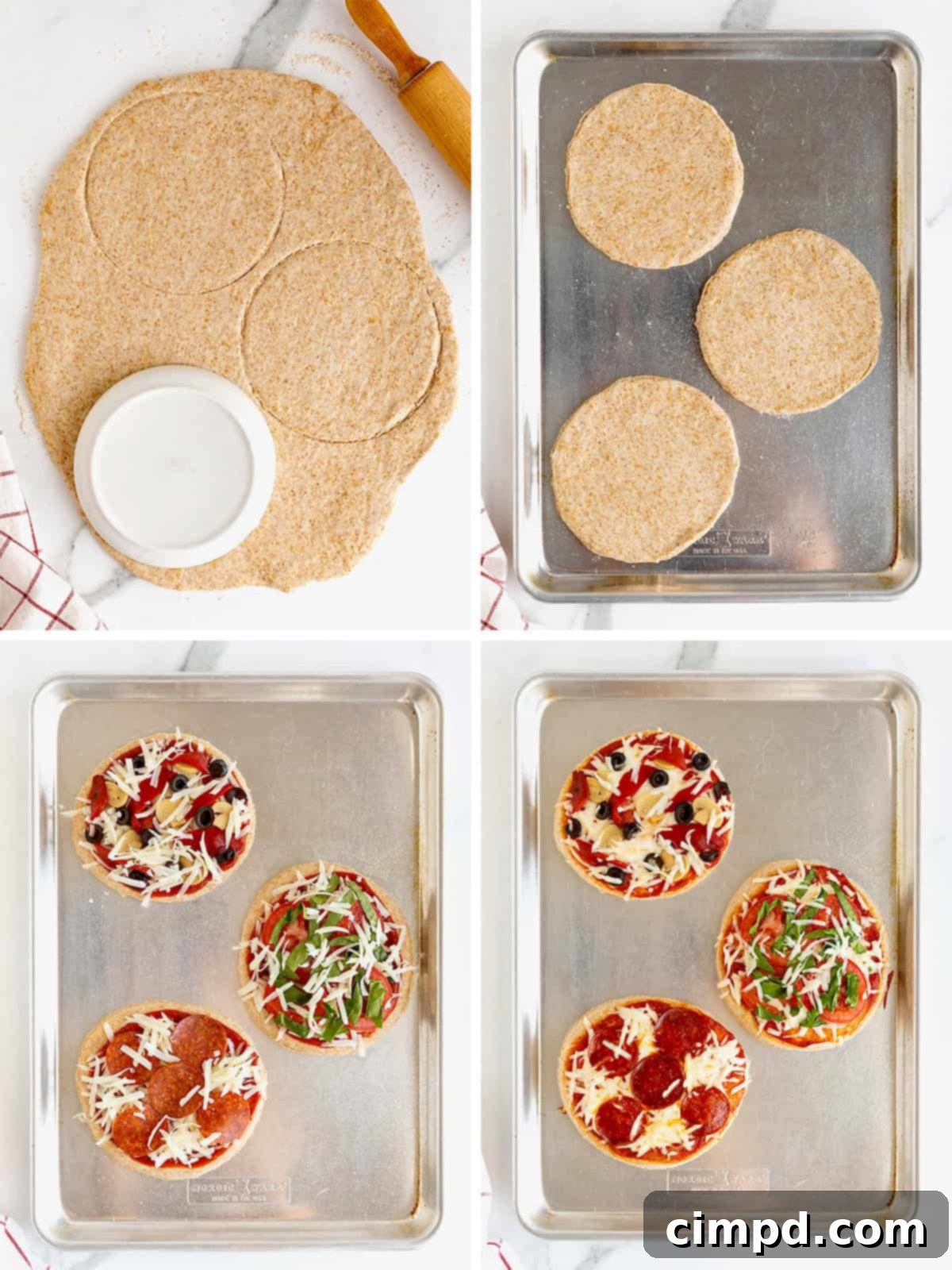 Baked Whole Wheat Greek Yogurt pizzas, topped with cheese and basil, ready to be served.