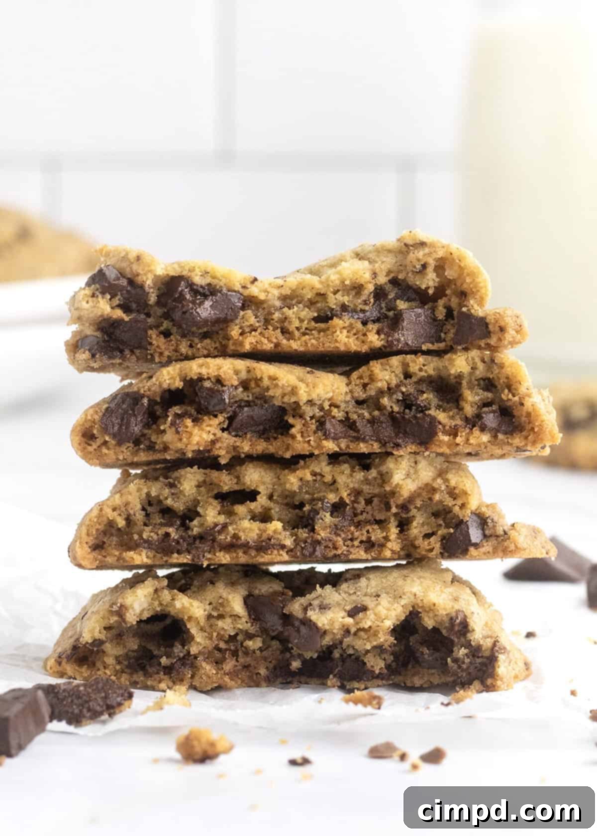Close-up of a warm, gooey chocolate chip cookie, showcasing its chewy texture and melted chocolate chunks.