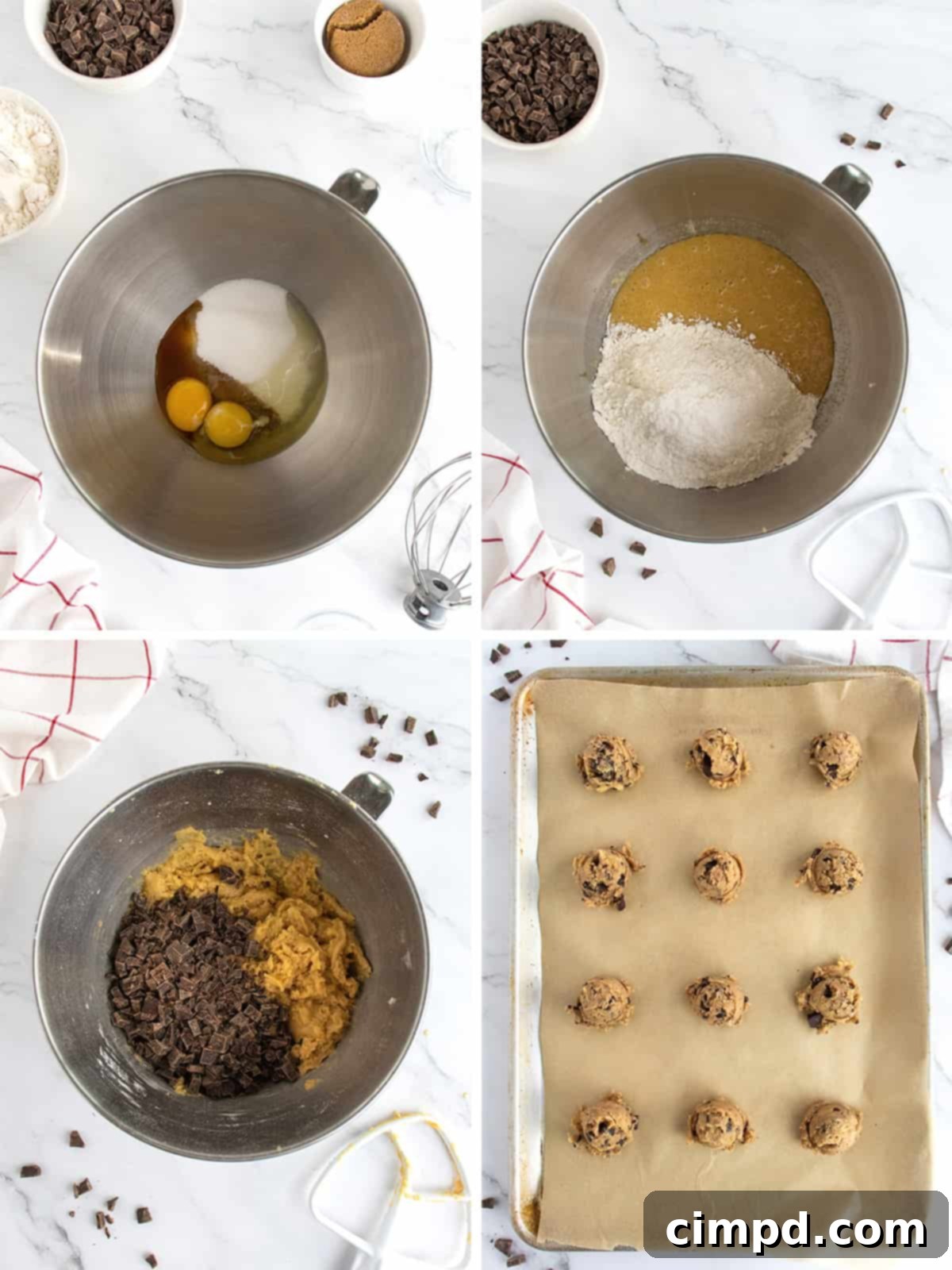 Raw chocolate chip cookie dough portions on parchment-lined baking sheets, ready for chilling.