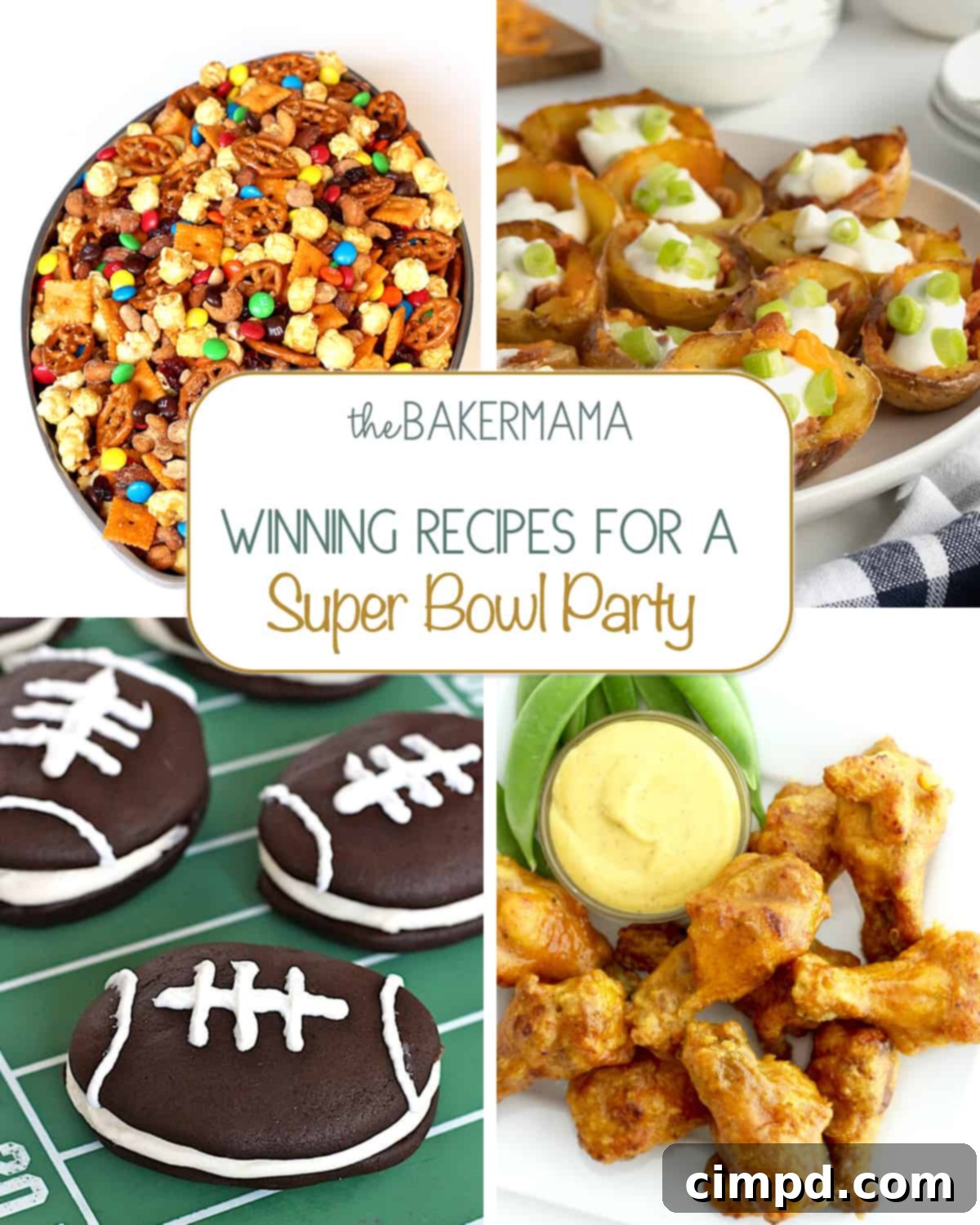 An appetizing Super Bowl party spread featuring Touchdown Snack Mix, Mini Potato Skins, Football Whoopie Pies, and Honey Mustard Chicken Wings, perfect for game day festivities.