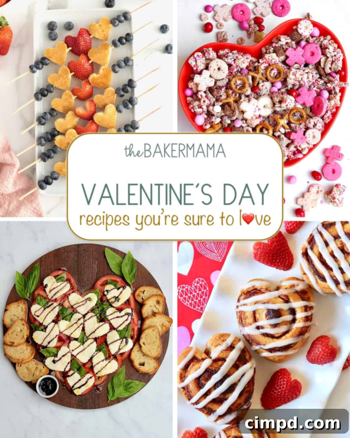 A vibrant collage of Valentine's Day themed foods including Cupid's Pancake Kabobs, a festive Valentine's Snack Mix, an elegant Heart Caprese Board, and charming Heart Shaped Cinnamon Rolls, perfect for celebrating love with delicious treats.