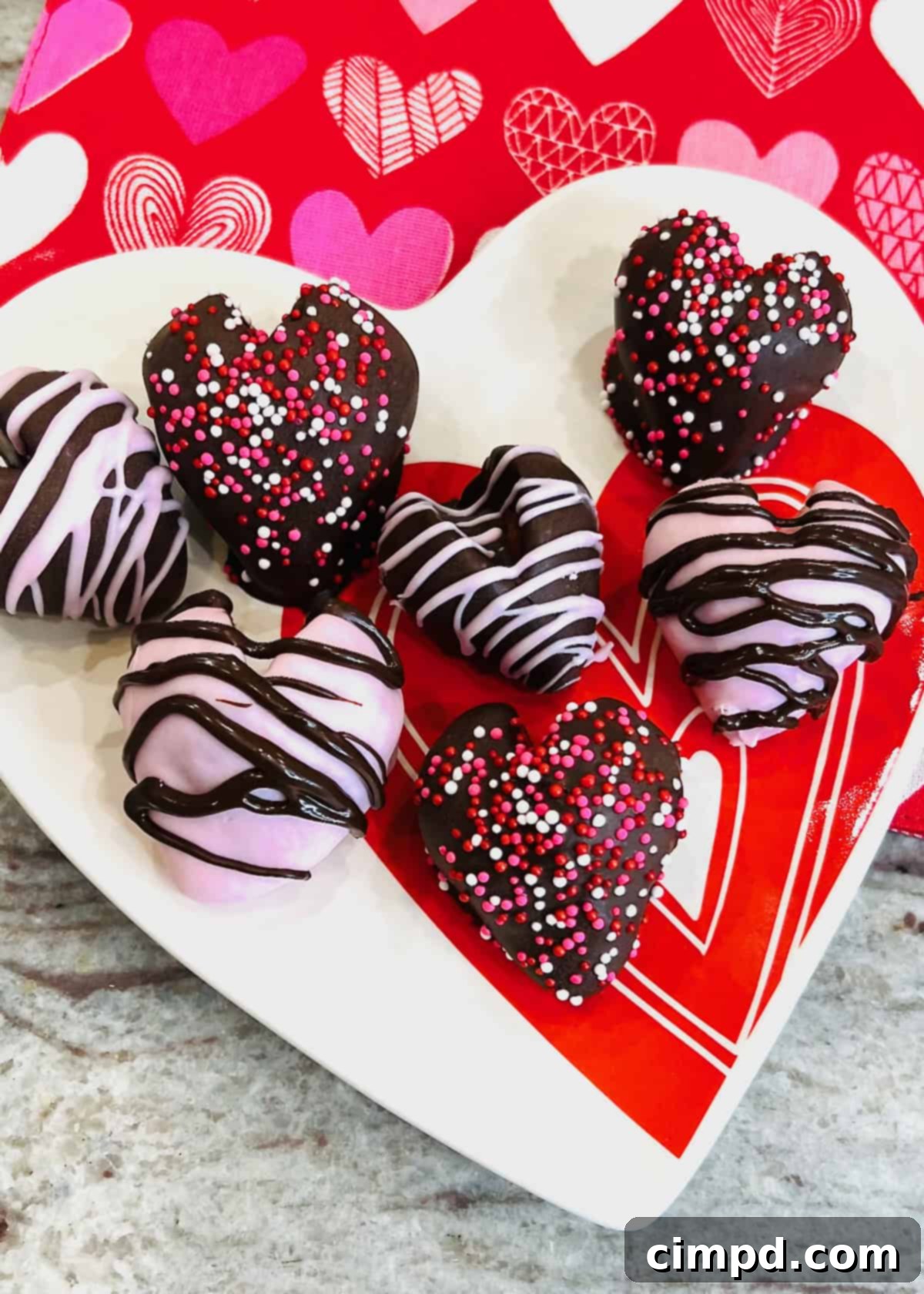 Seven exquisitely chocolate-dipped strawberry hearts, artfully arranged on a white heart-shaped plate on a sleek gray marble counter, poised as a perfect romantic treat.