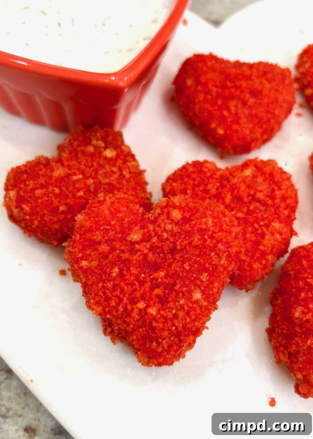 Vibrant red cheese hearts, exquisitely crusted with Flamin' Hot Cheetos, artfully arranged on a pristine white dish, offering a spicy, cheesy, and utterly unique Valentine's snack.