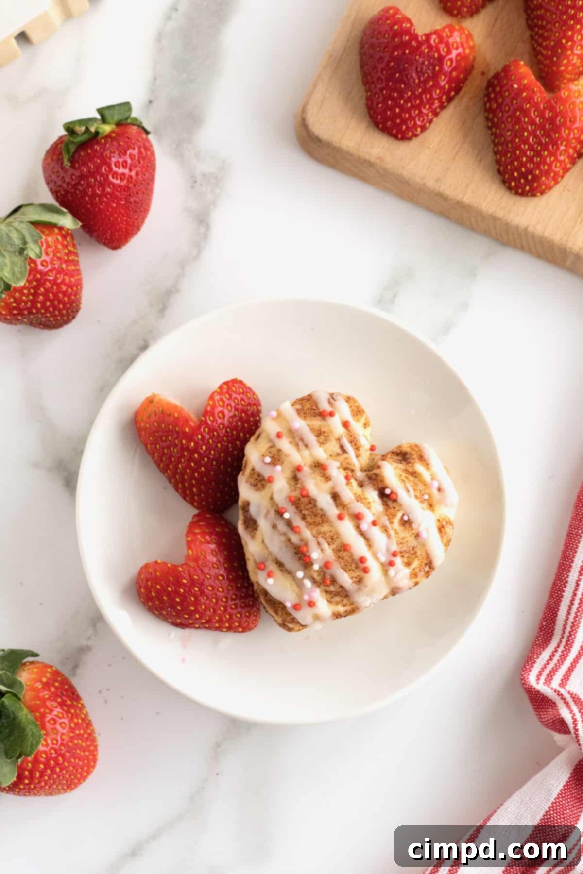 Sweetheart Swirls 4 Multiple heart-shaped cinnamon rolls arranged on a white plate